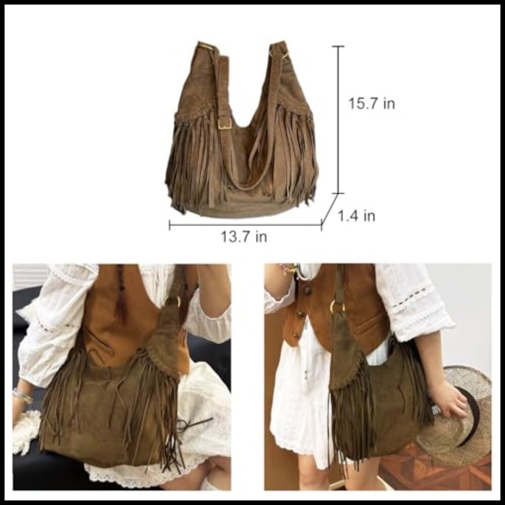 Brown Suede Hobo Purse Vintage Y2K Crossbody Shoulder Bag Fringe Tote - Picture 5 of 7